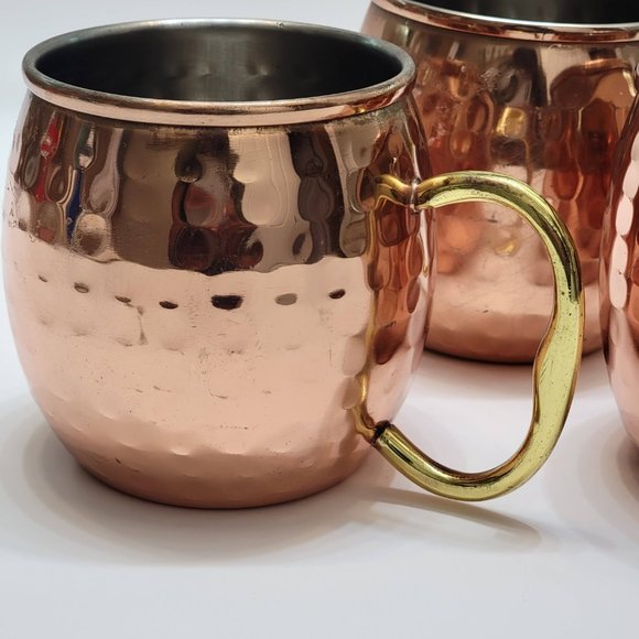 Hammered Copper Moscow Mule Mugs Brass Handles Set Of 3 Pre Owned - Picture 3 of 5